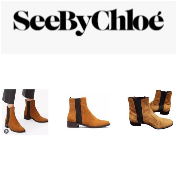 See By Chloe Tan Suede Ankle Boots Women’s Size 41 US 10 Scalloped Trim - Picture 1 of 14